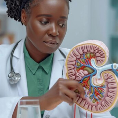 African Doctor explaining kidney anatomy model